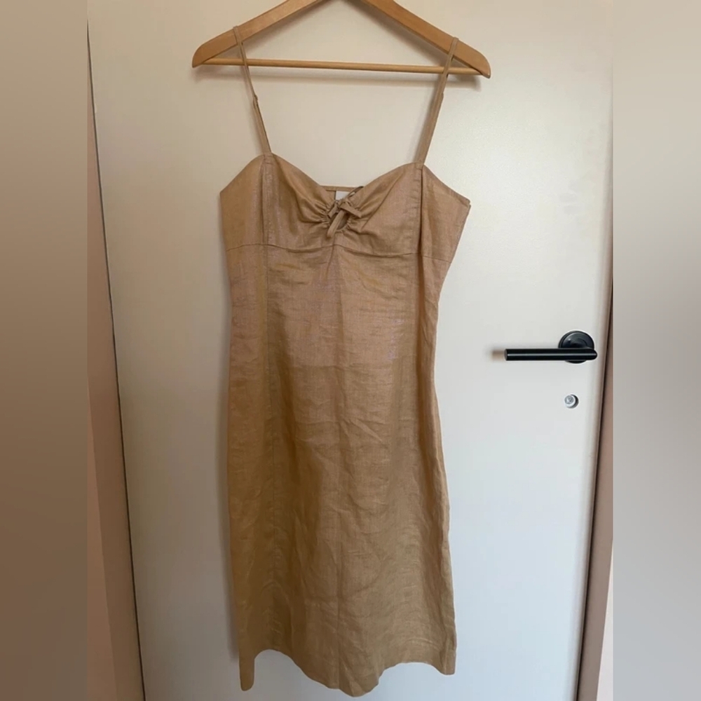 Sleeveless Tie-Front Linen Blend Dress in Tan